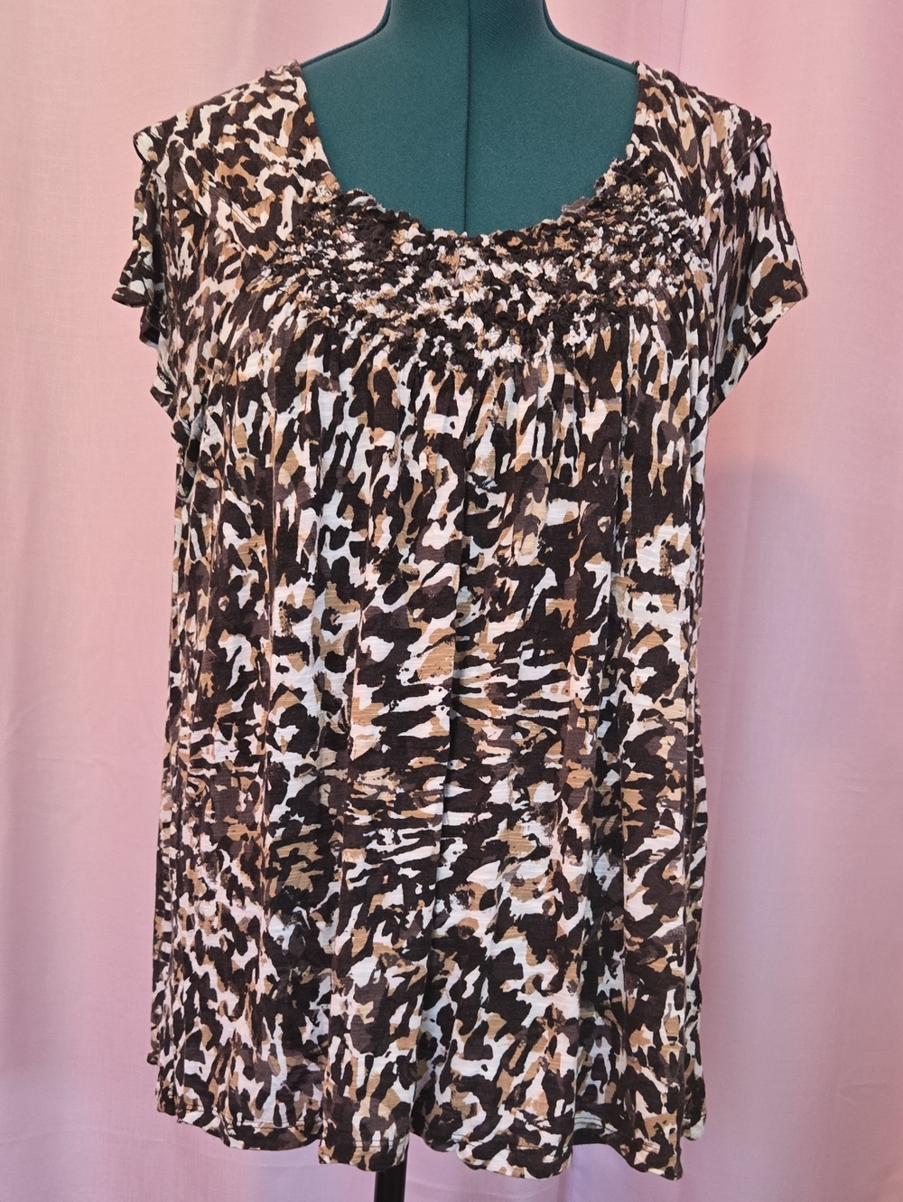 Women's Smocked Neck Animal Print Top - Brown/Black/White